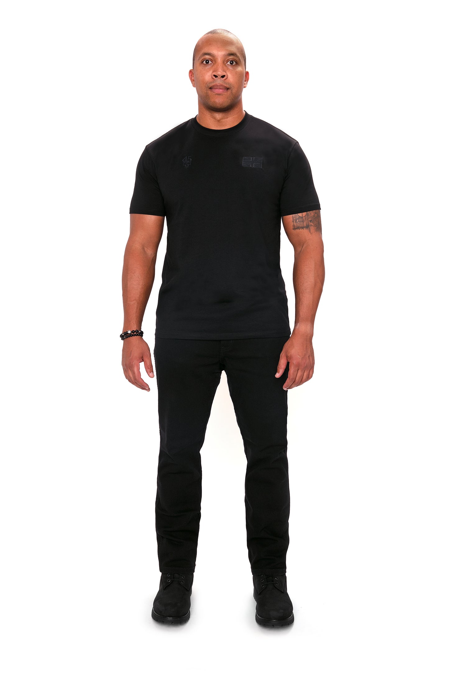 Model wearing the Forty Five Supply Signature Tee in Black in size Large, front view