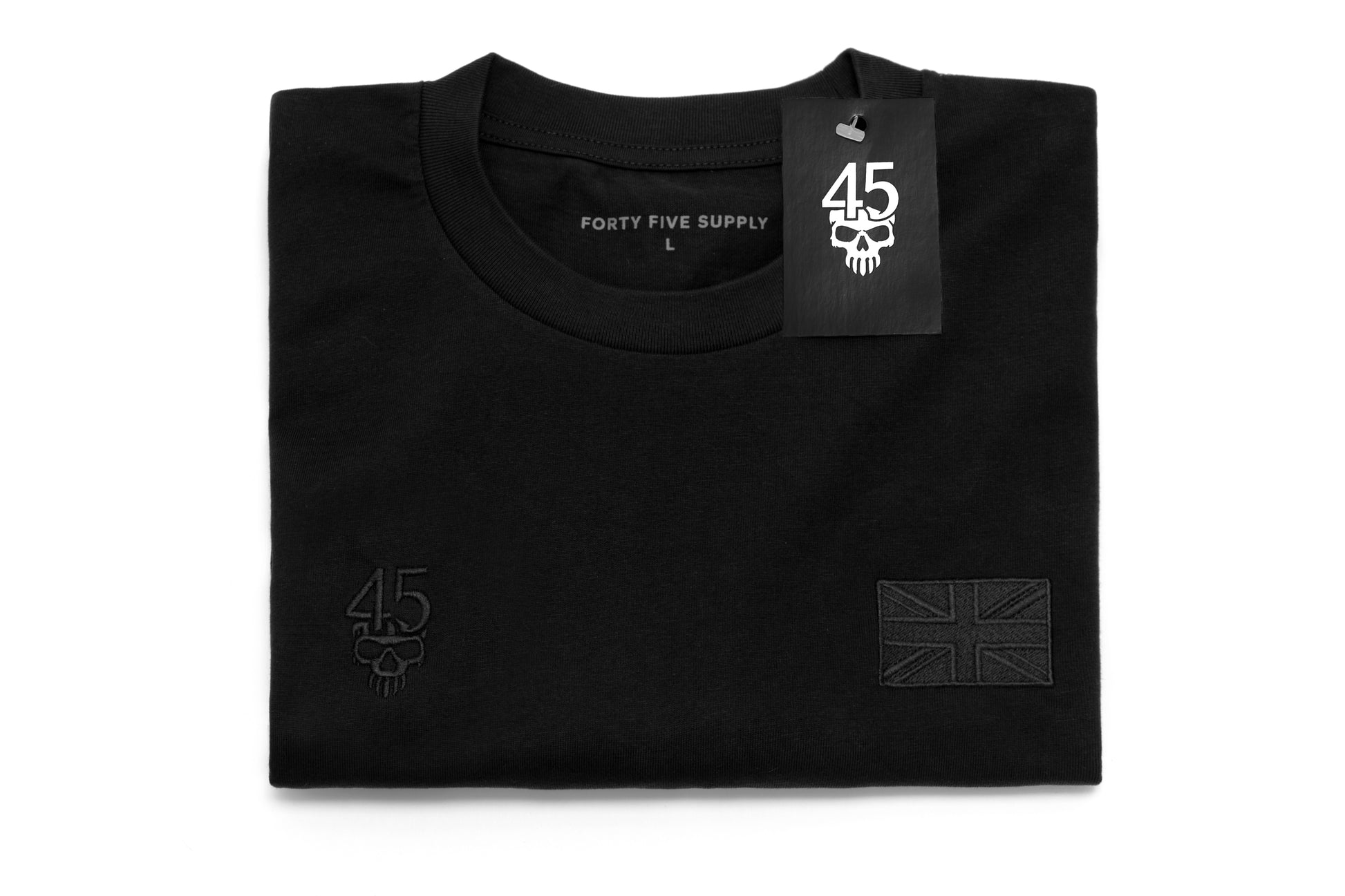 Forty Five Supply Signature Tee in Black laid flat showing tonal chest embroidery