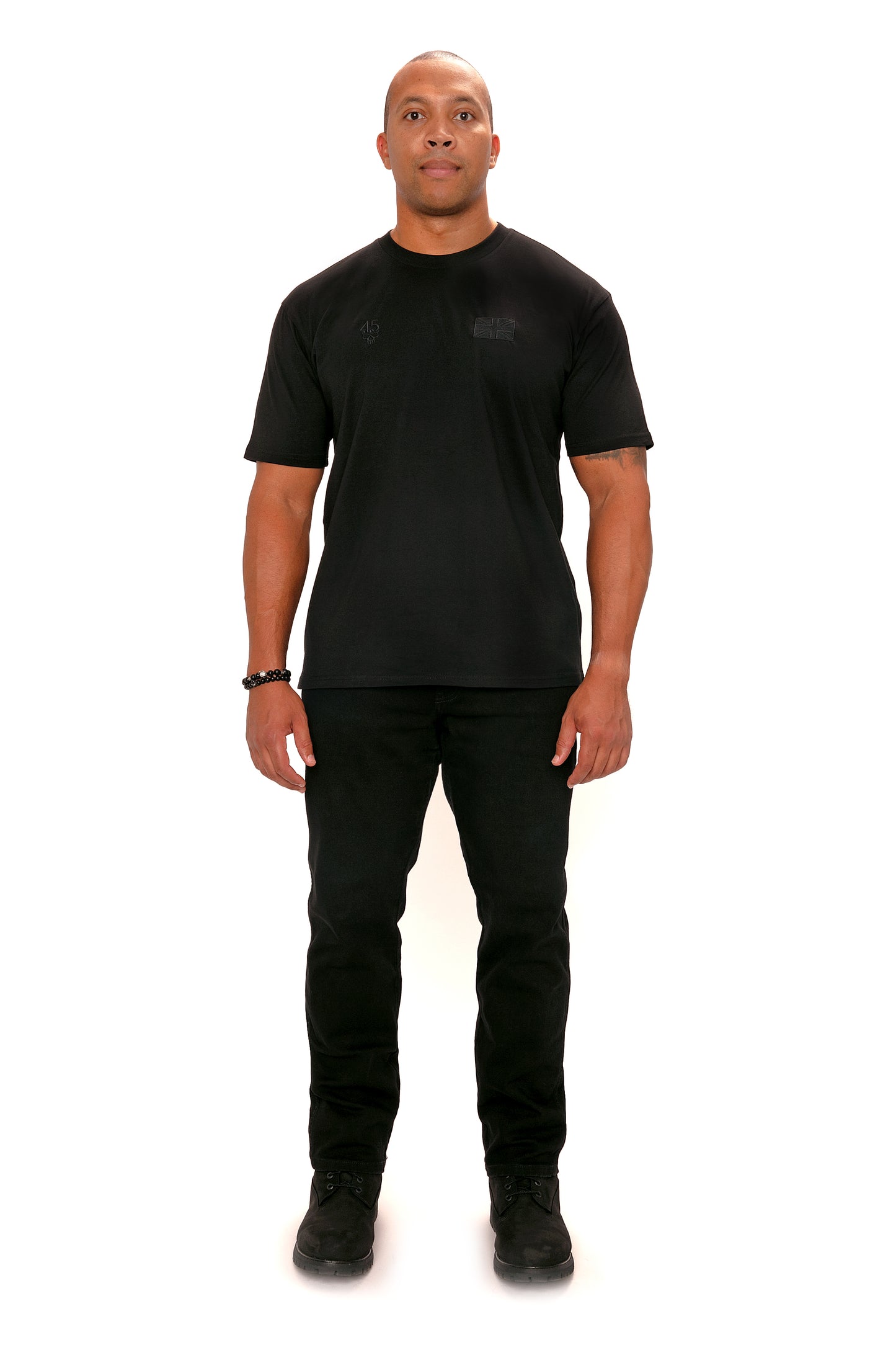 Model wearing the Forty Five Supply Signature Tee in Black in size XL, front view